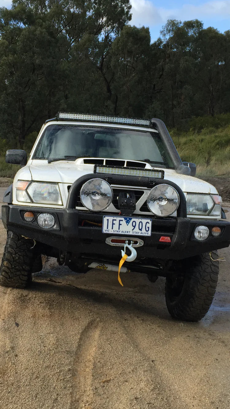 GU Patrol Y61 1997-2005 707-01 Falcon Bull Bar Single Black Loops Package (LED Foglight) - SKU MCC-03003-701SBLFOGUP