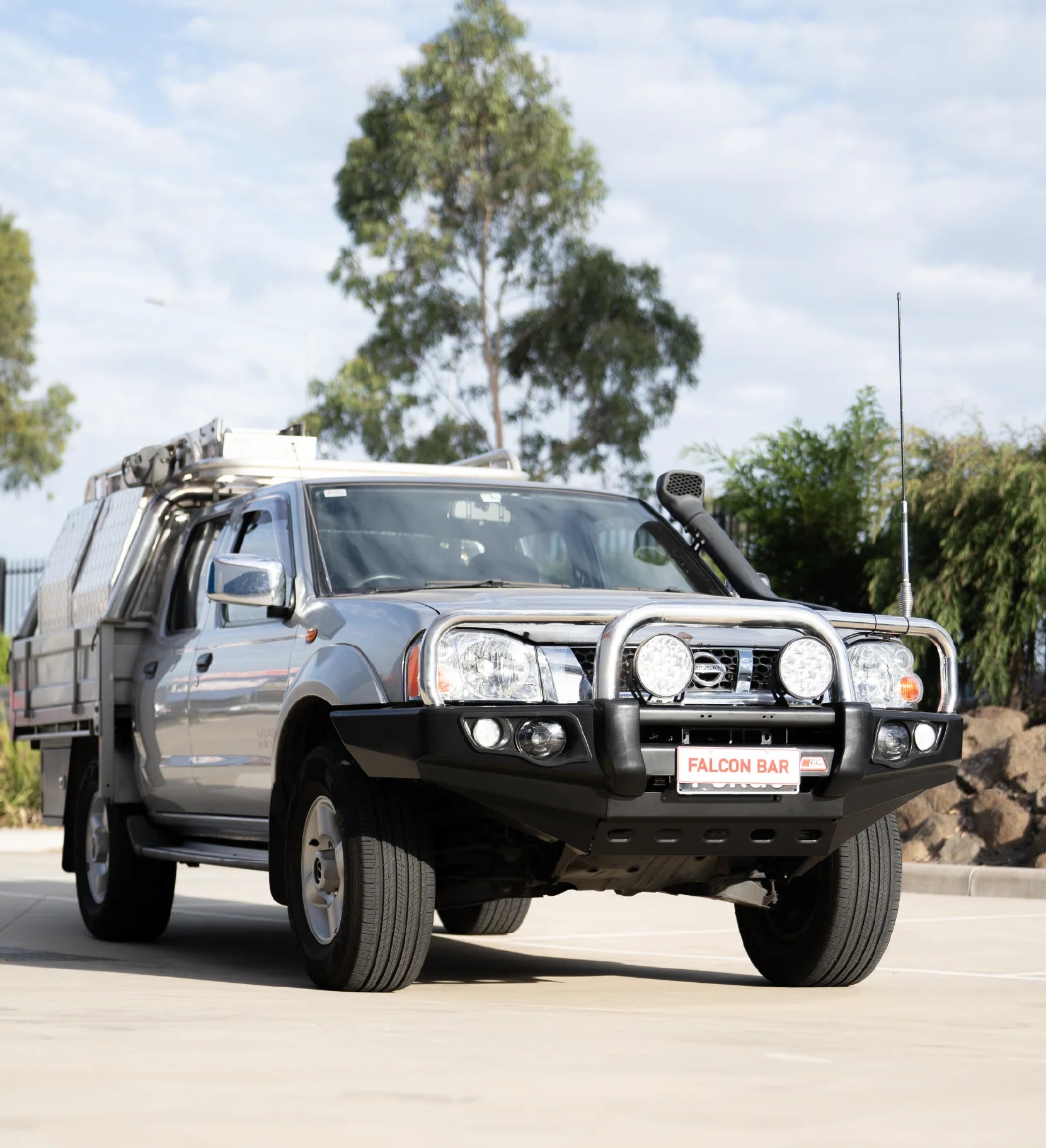 Navara D22 1997-2015 707-01 Falcon Bull Bar Triple Stainless Loops Package (LED Foglight) - SKU MCC-03008-701FOGUP