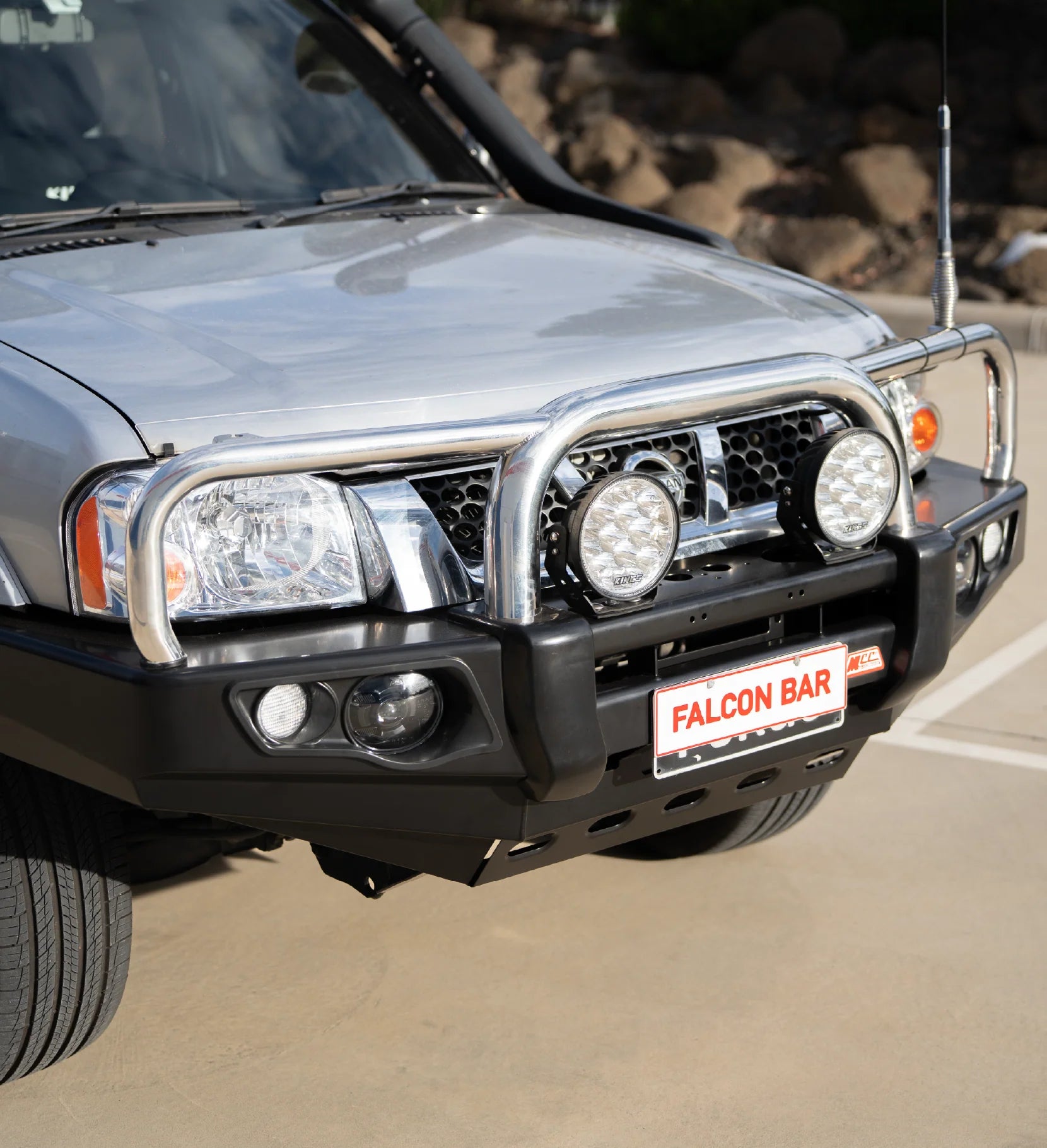 Navara D22 1997-2015 707-01 Falcon Bull Bar Triple Stainless Loops Package (LED Foglight) - SKU MCC-03008-701FOGUP