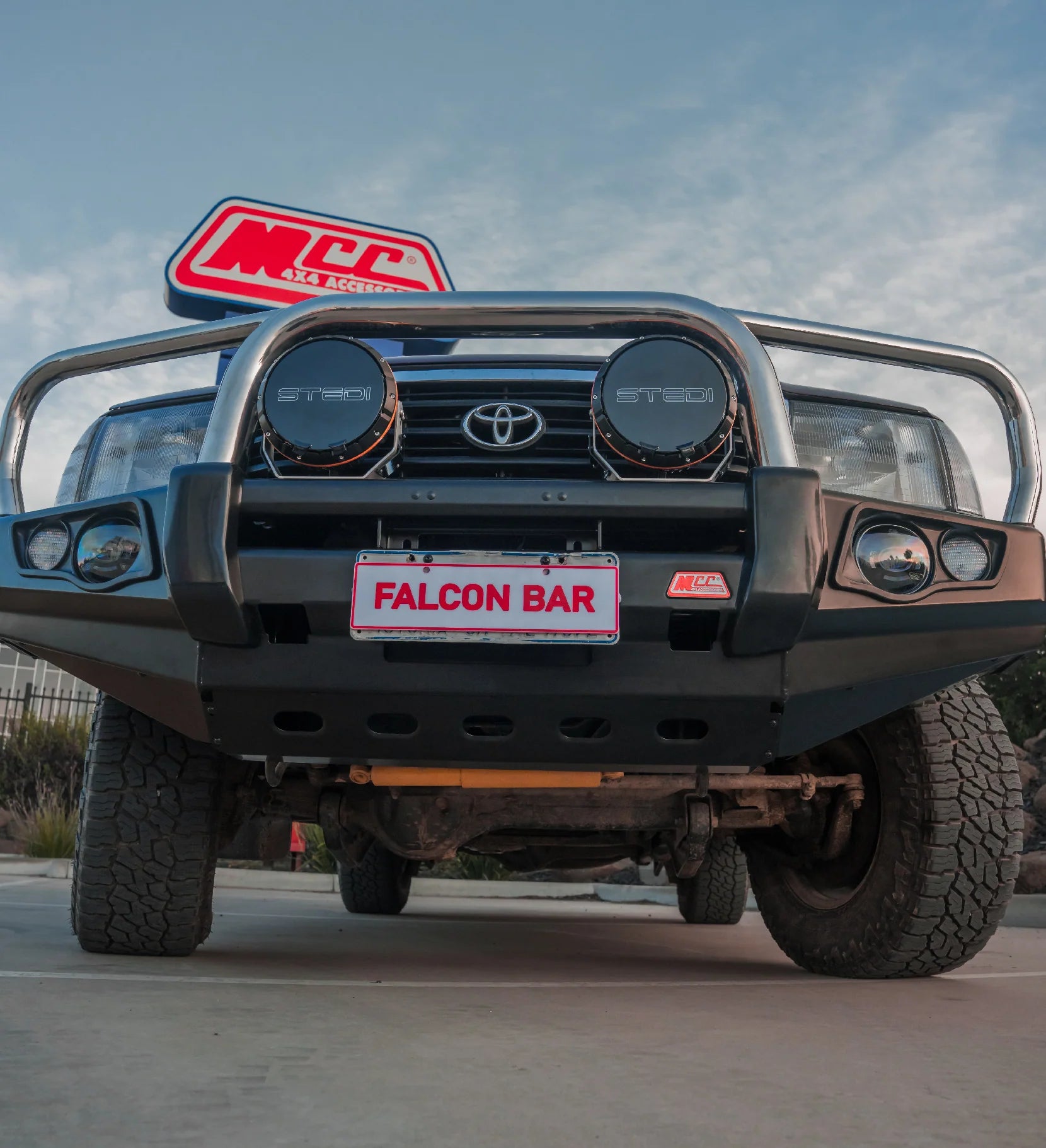 Land Cruiser 100/105 Series 1998-2007 707-01 Falcon Bull Bar Triple Stainless Loops Package (LED Foglight) - SKU MCC-01007-701FOGUP