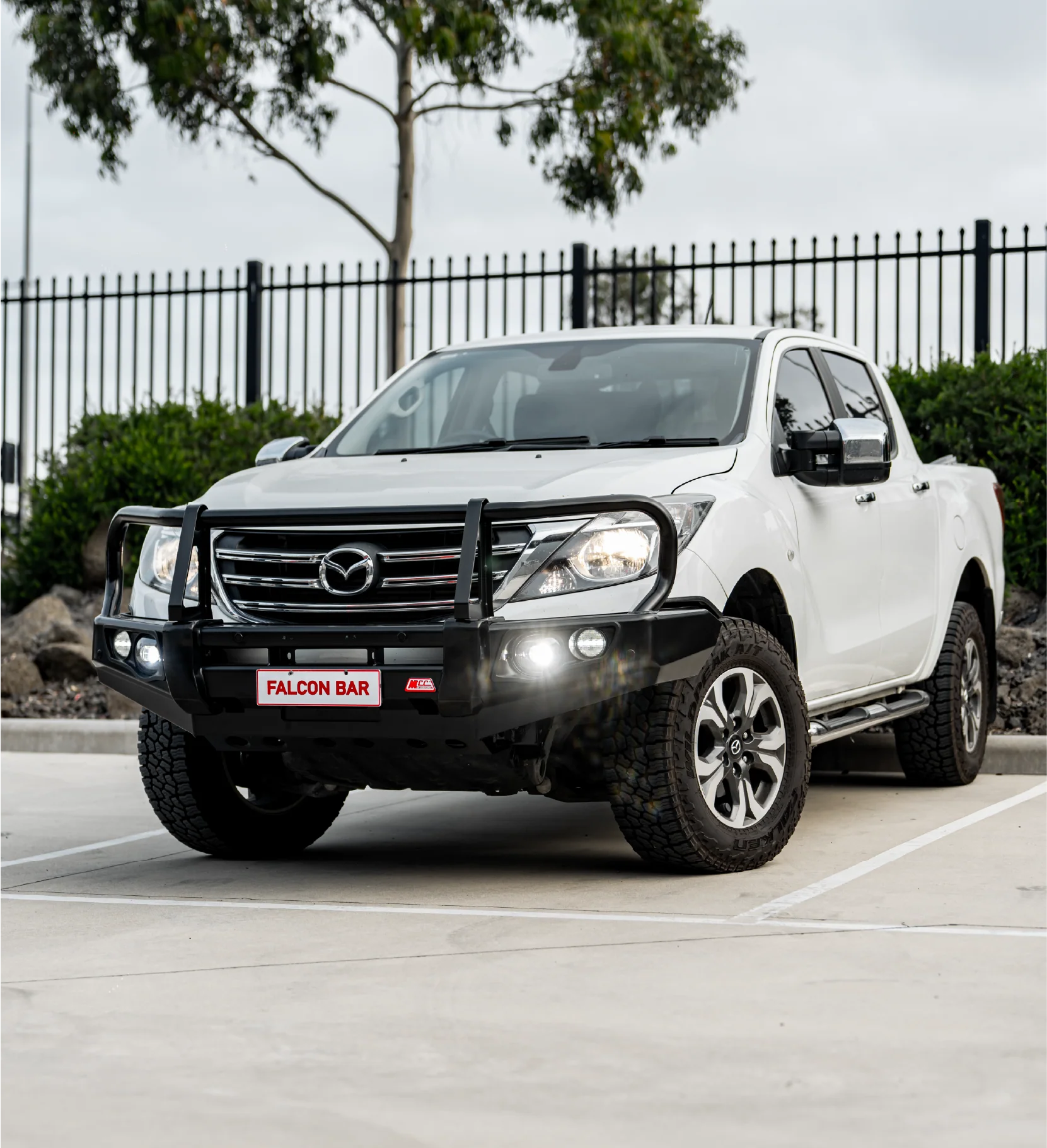 BT50 UP UR 2012-2020 707-02 Falcon Bull Bar Black A-Frame Package (LED Foglight) - SKU MCC-06002-702FOGUP